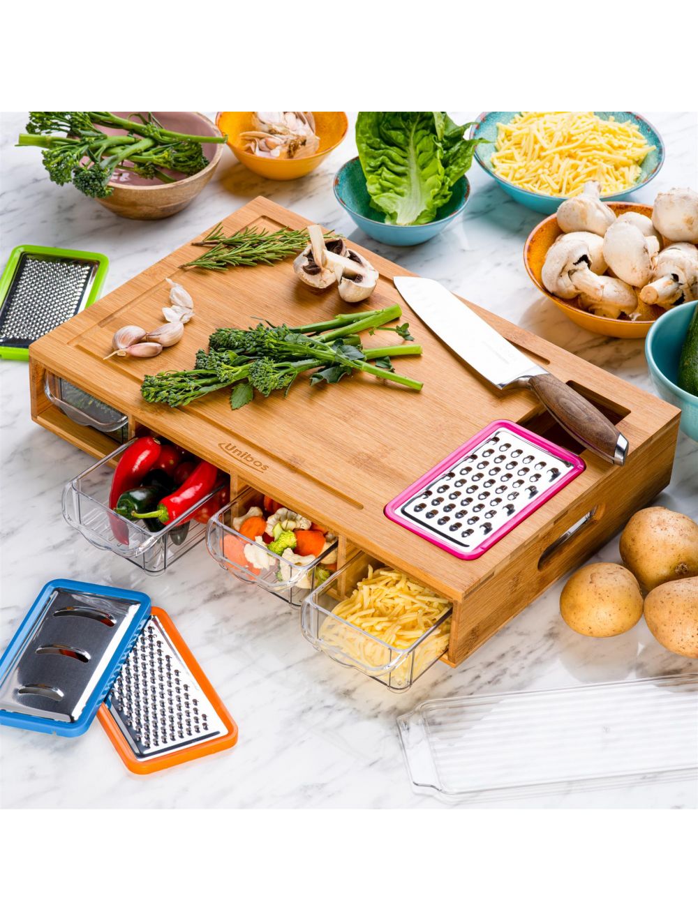 Bamboo Cutting Board with Containers, Lids, Graters, Carving Board