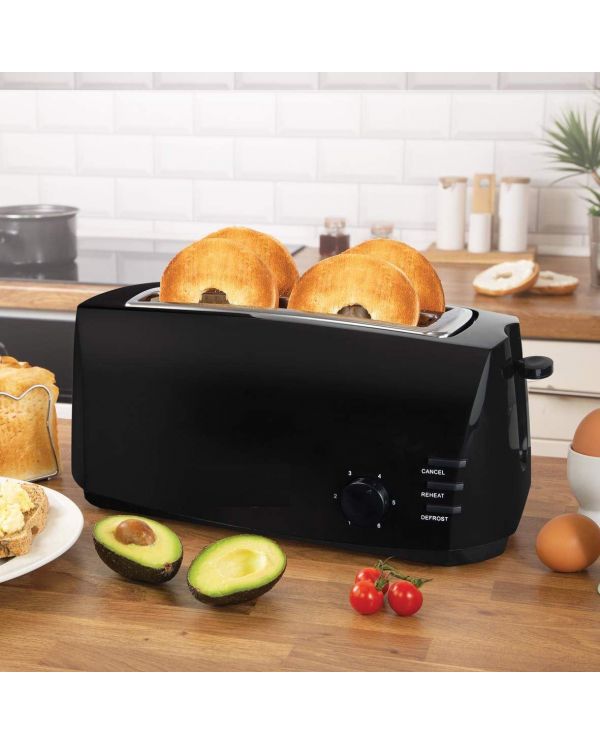 Black & Steel Wide Slot Multi Function 4 Slice Fast Bread Toaster