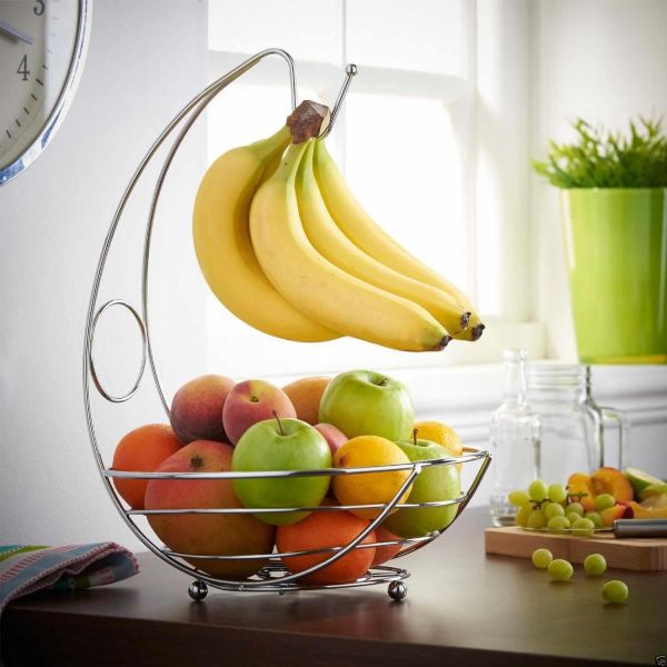 New 2 in 1 Chrome Banana Hook Hanger Tree Fruit Bowl Basket Stand Apple Orange